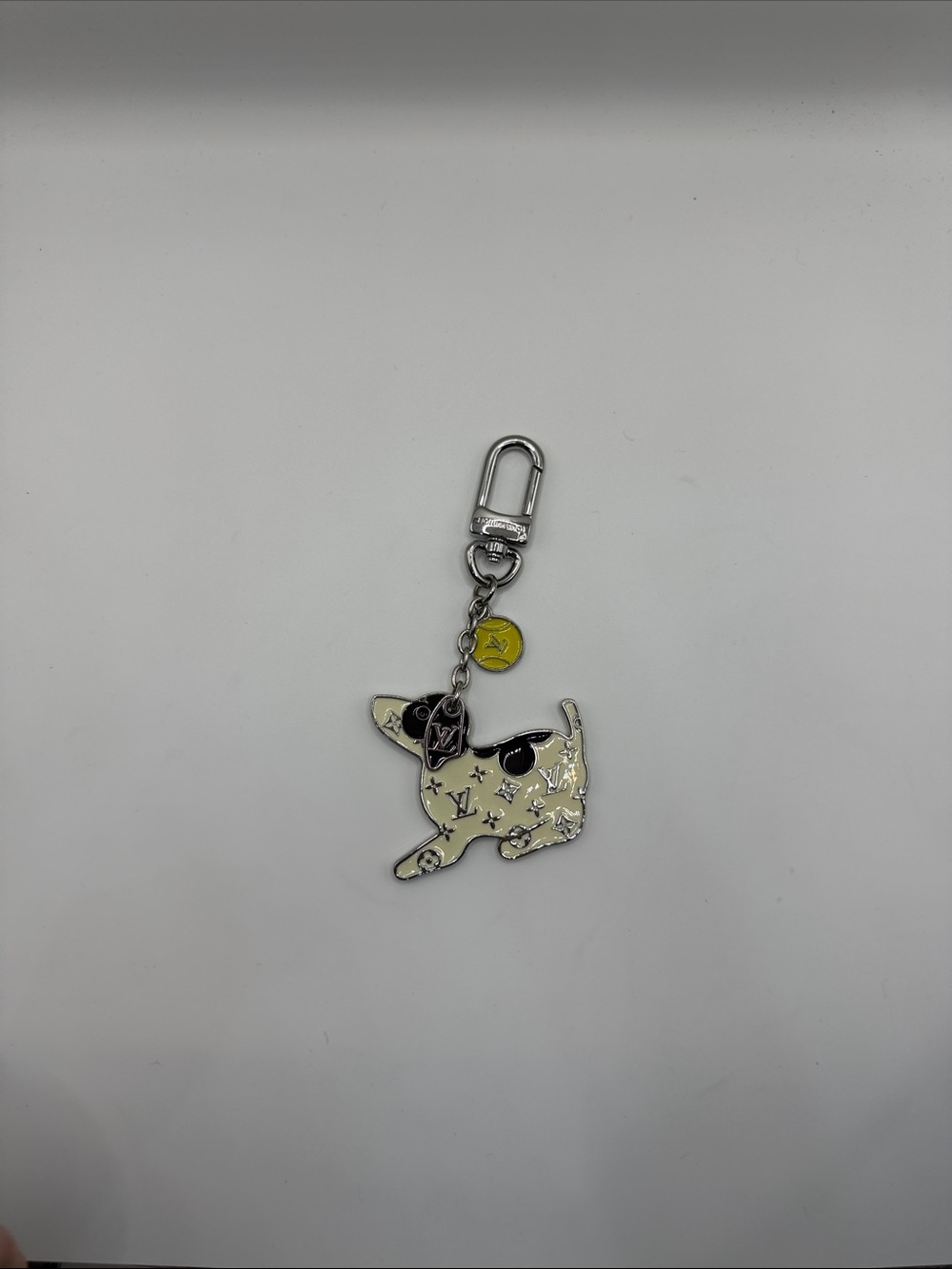 1469. Cream & Black Dog Charm Keychain or Bag Charm with Yellow Ball Accent